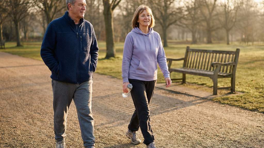 A man and woman in their early 60s walking side by side on a gravel park path in early morning light
