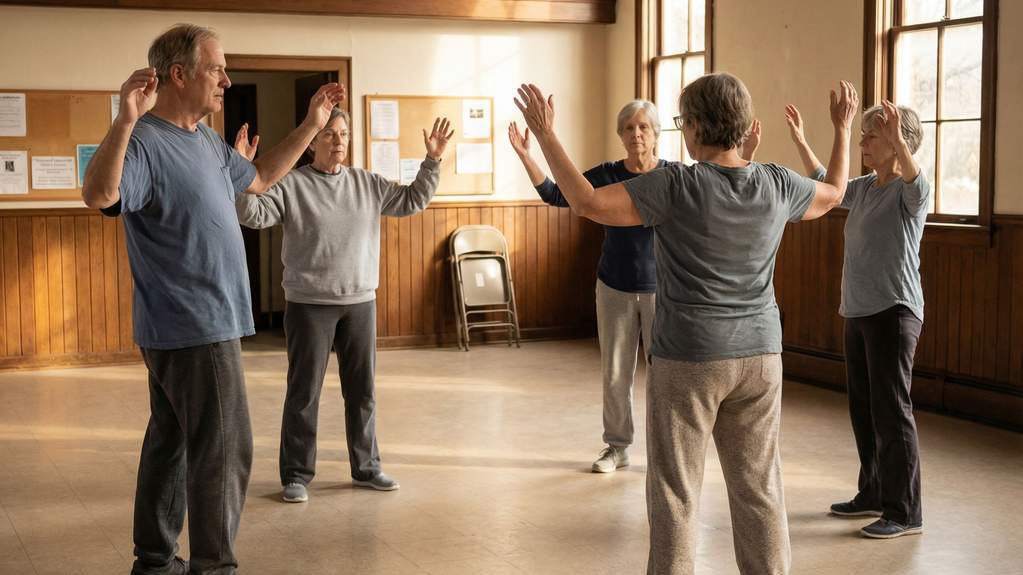 A small group of adults in their 60s doing a low-intensity group fitness class in a bright community center hall