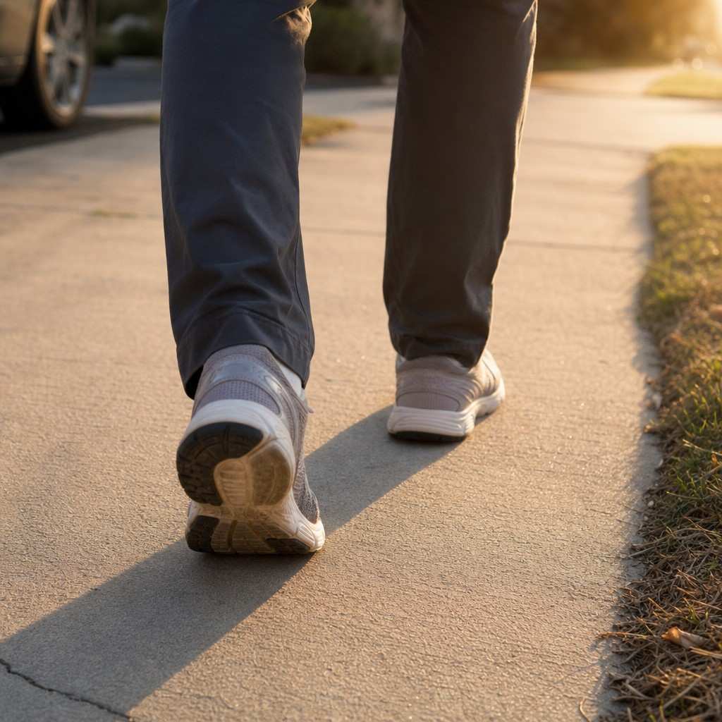 Close-up of a person's lower legs in walking shoes on a neighborhood sidewalk, mid-stride in soft morning light