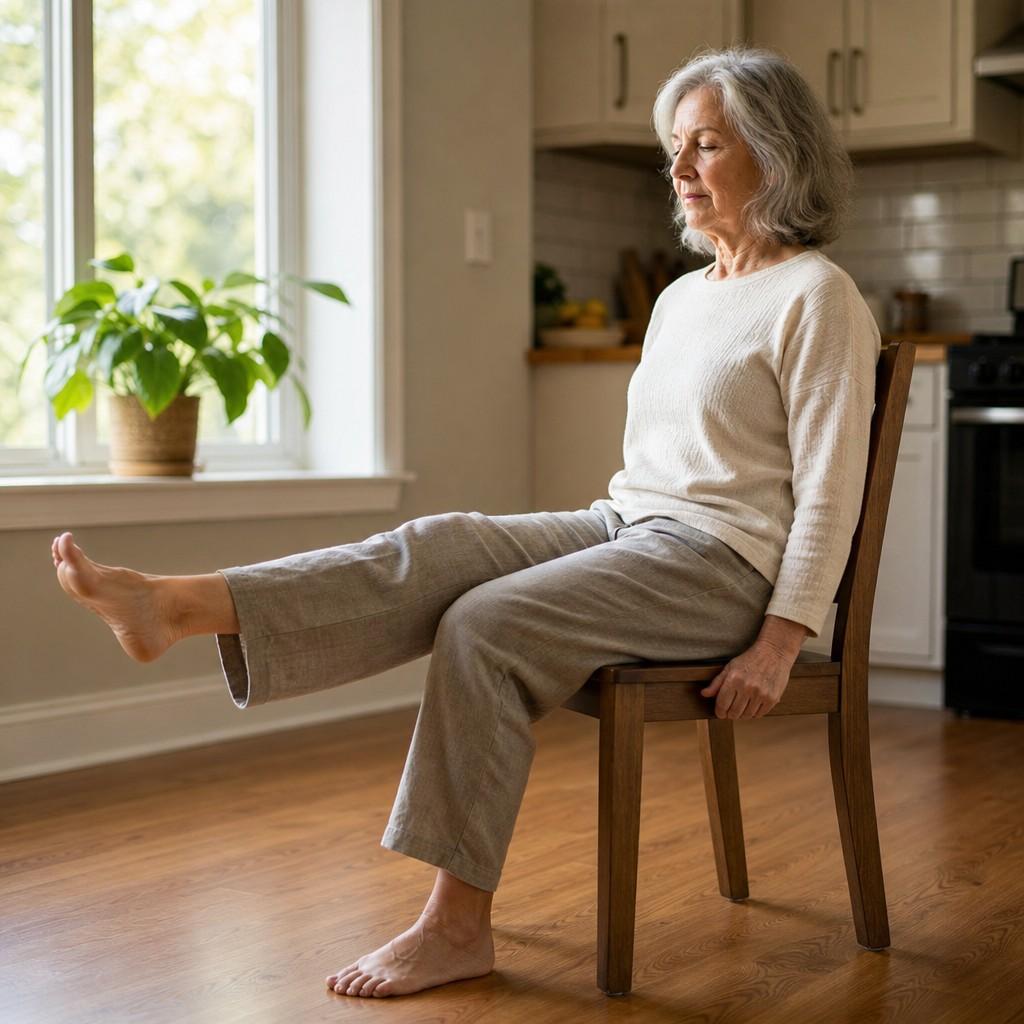 A woman in her late 60s doing a seated leg raise on a kitchen chair near a bright window, focus and ease visible in her expression