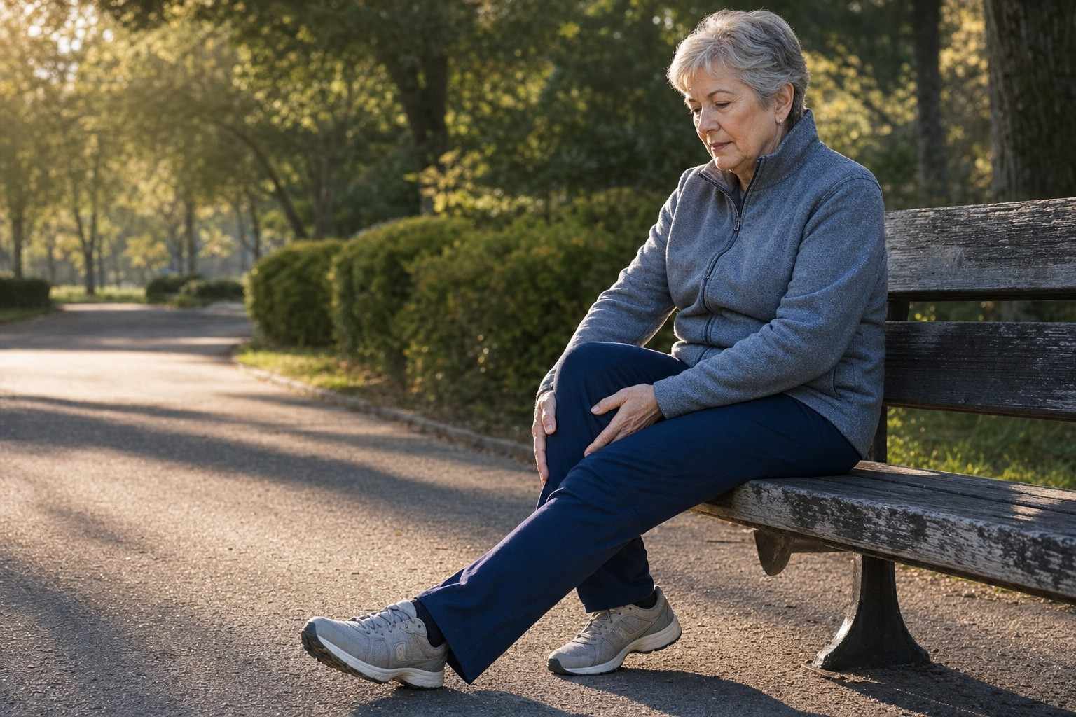 An older adult in their early 60s stretching a leg gently on a park bench in morning light, calm and unhurried expression