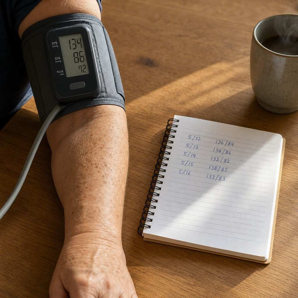 Close-up of a woman's arm with an upper-arm blood pressure cuff attached, resting on a wooden table with a notebook nearby