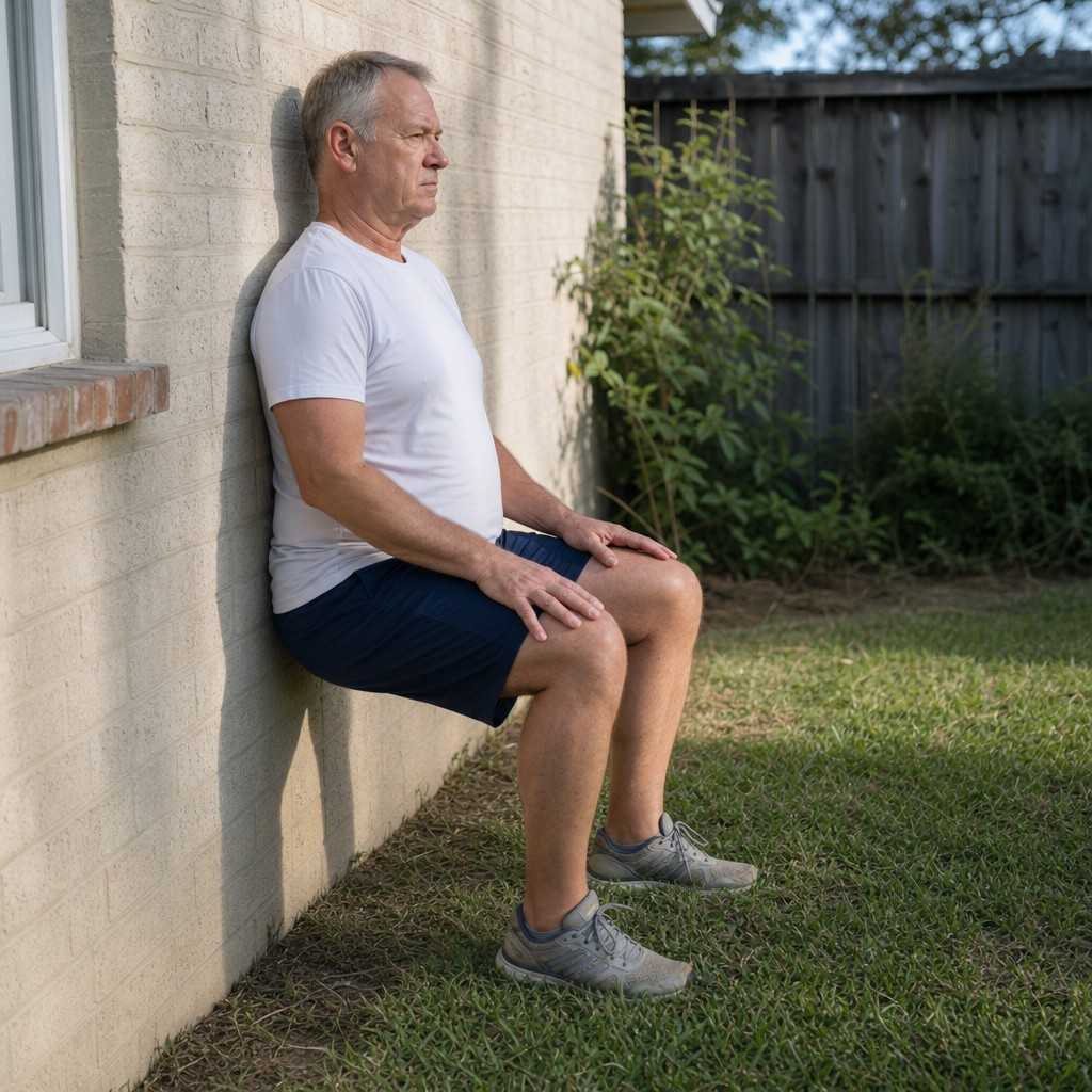 A man in his early 60s holding a wall sit position against a brick exterior wall in a residential backyard, wearing casual athletic wear