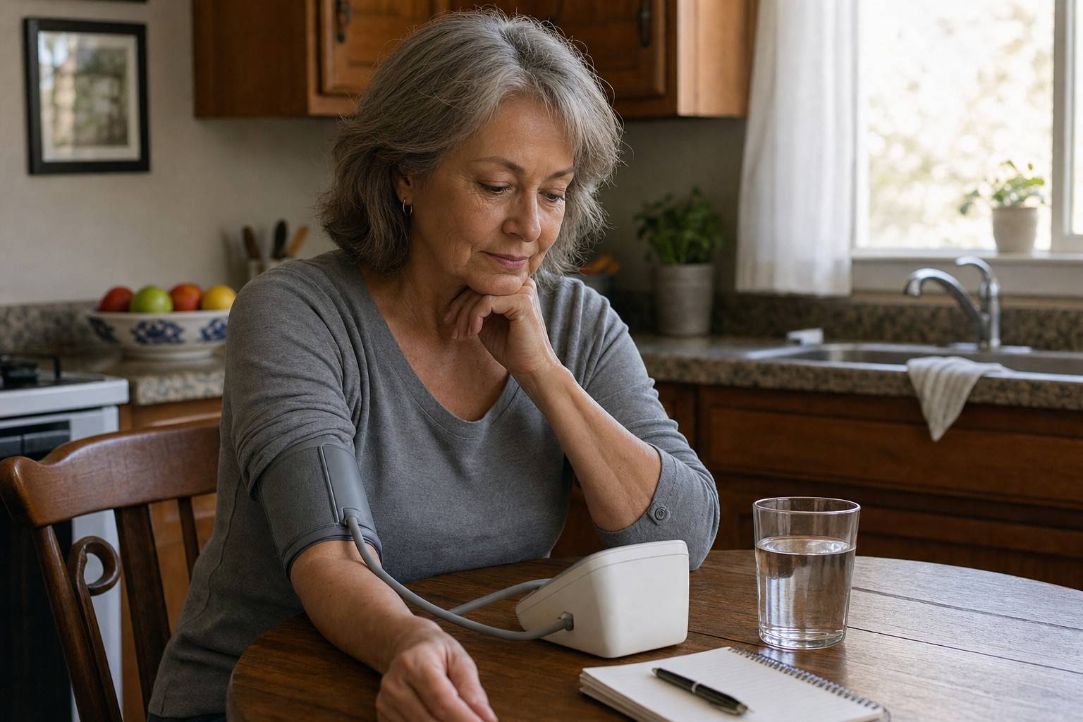 An older woman taking her blood pressure reading on an upper-arm monitor at a kitchen table in soft morning light