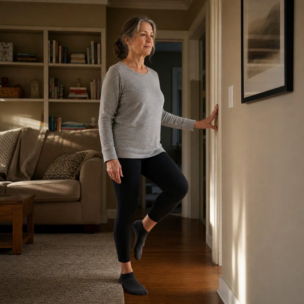 A woman in her late 50s doing a single-leg balance exercise in her living room, one hand lightly touching a wall