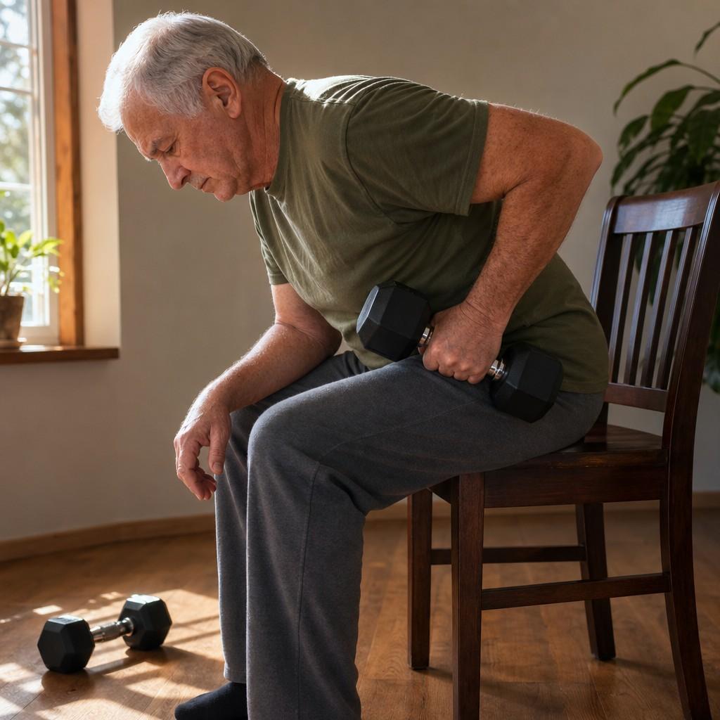 A man in his late 60s doing a seated dumbbell row with a light hand weight in a sunlit home corner
