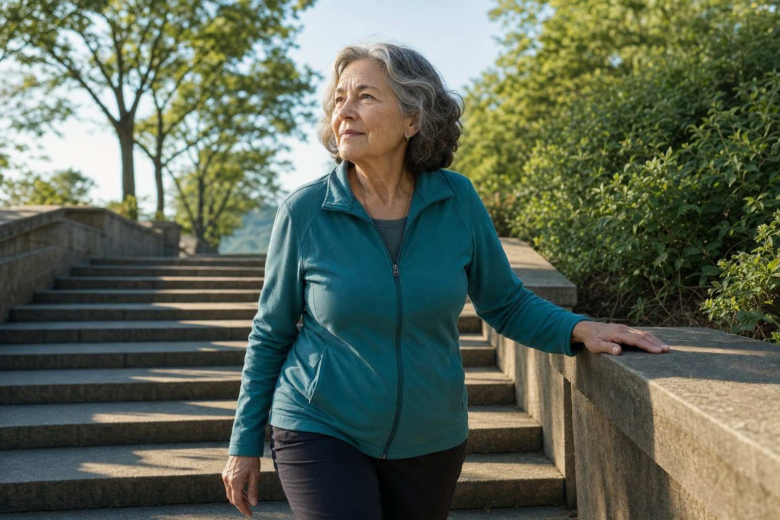 A woman in her early 60s walking up a sunlit outdoor staircase in a park, wearing casual everyday clothing
