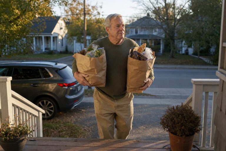 A man in his late 60s carrying two paper grocery bags up his front porch steps in one trip