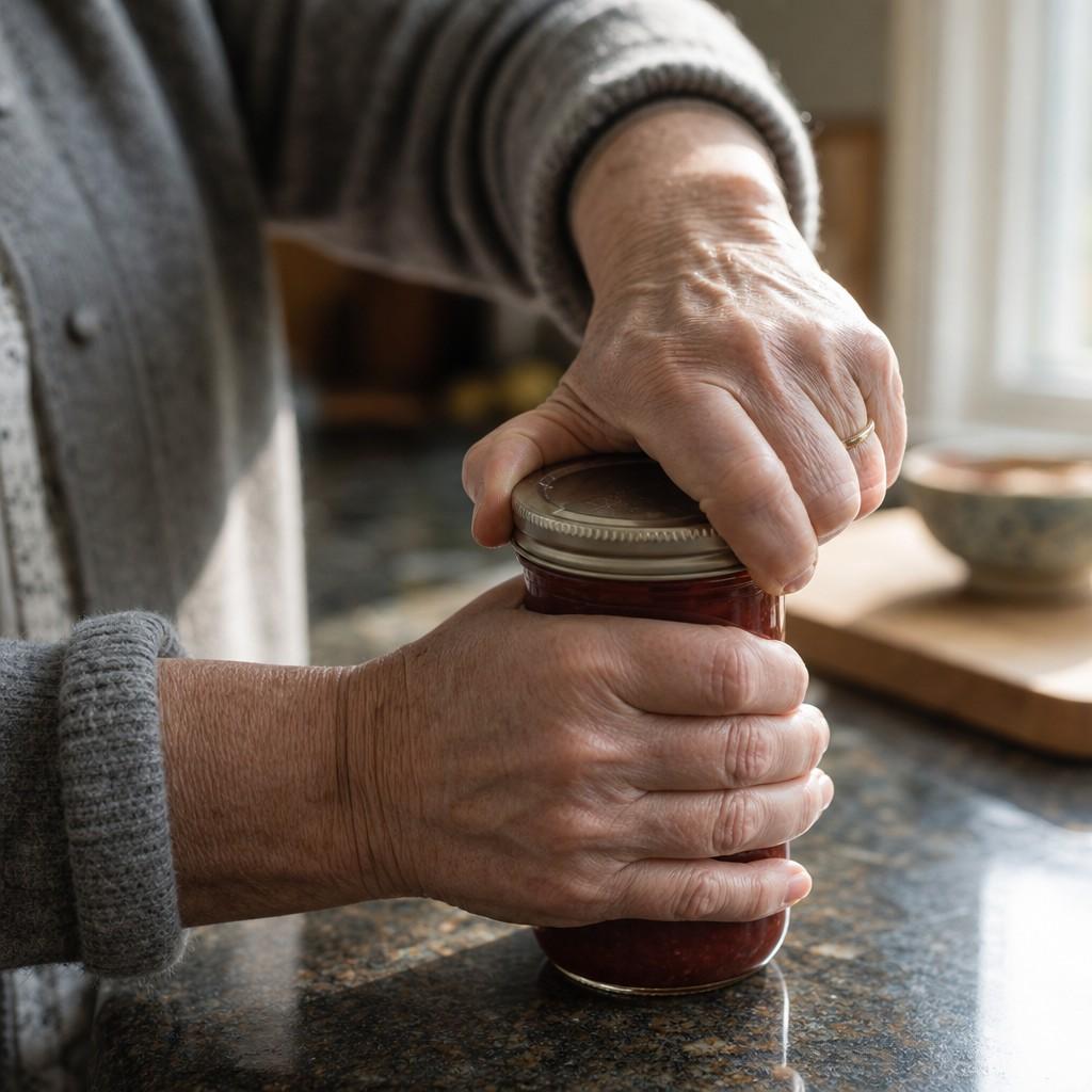 Close-up of an older woman's hands firmly twisting open a glass jar lid at a kitchen counter