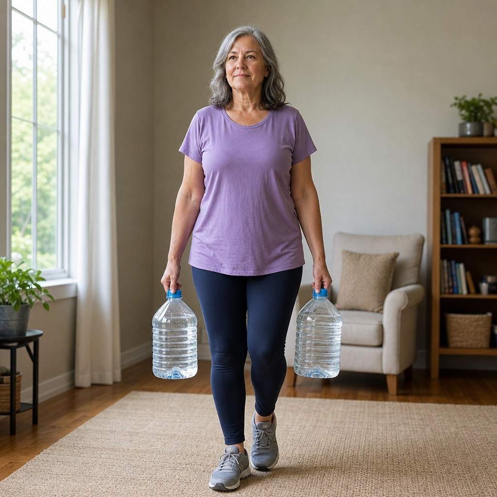 A woman in her early 60s holding a one-gallon water jug in each hand in a bright living room