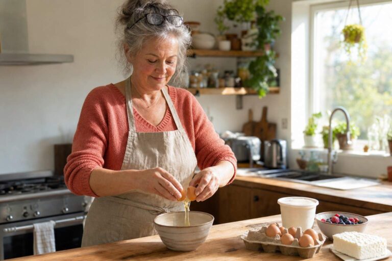 A woman in her early 60s preparing a protein-rich breakfast of eggs and Greek yogurt in a sunny kitchen
