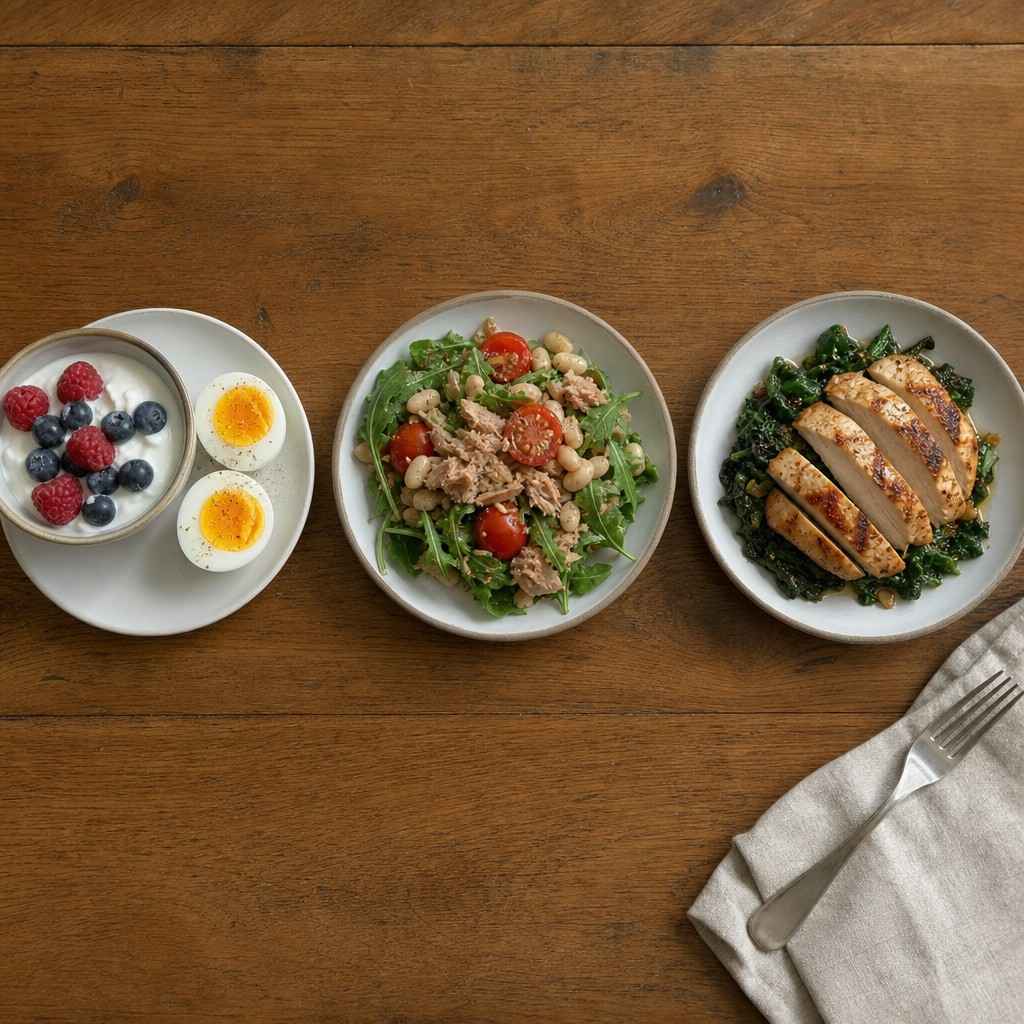 Overhead view of three small plates representing protein at breakfast, lunch, and dinner