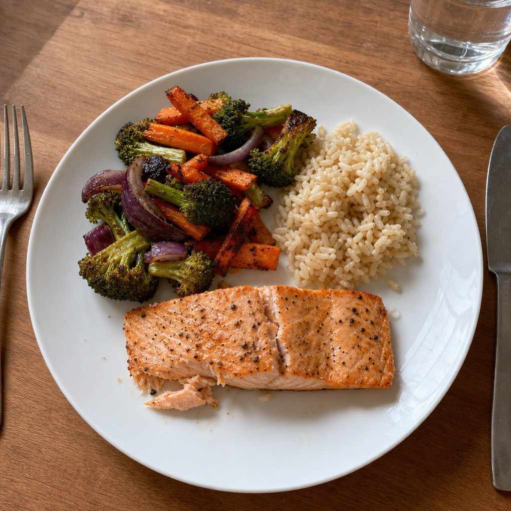 Overhead view of a single dinner plate with a palm-sized salmon fillet, roasted vegetables, and a small grain portion