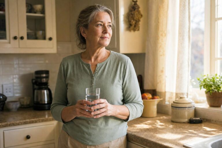 Older woman in a bright kitchen holding a glass of water, looking relaxed and unhurried at the counter