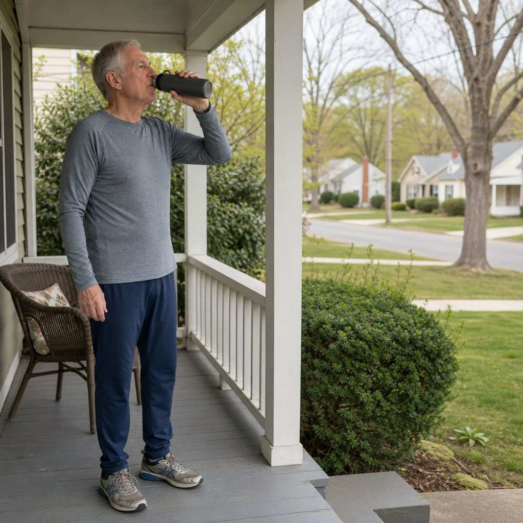 Man in his late 60s standing at his front porch drinking from a water bottle before heading out for a walk
