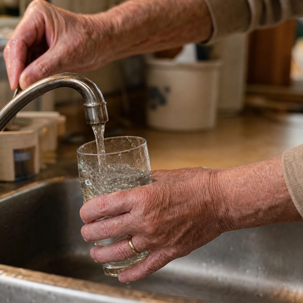 Close-up of a pair of weathered hands filling a glass of water from a kitchen tap