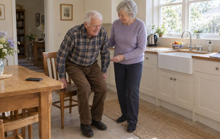 A man in his late 70s rising from a kitchen chair while his wife stands close beside him in a bright kitchen