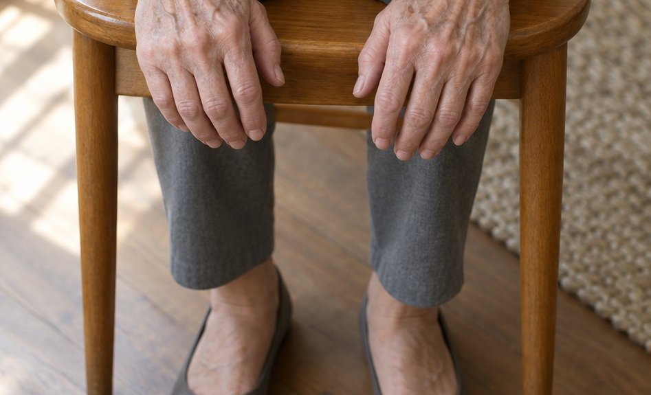 Close-up of an older person's hands resting lightly on the front edge of a wooden chair seat, ready to stand