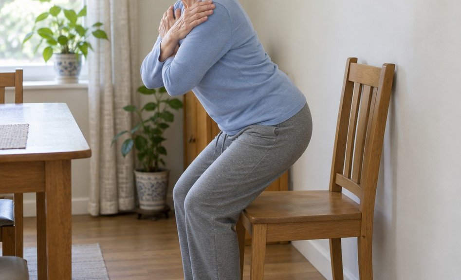 A woman in her early 70s halfway through standing up from a wooden dining chair with her arms crossed over her chest