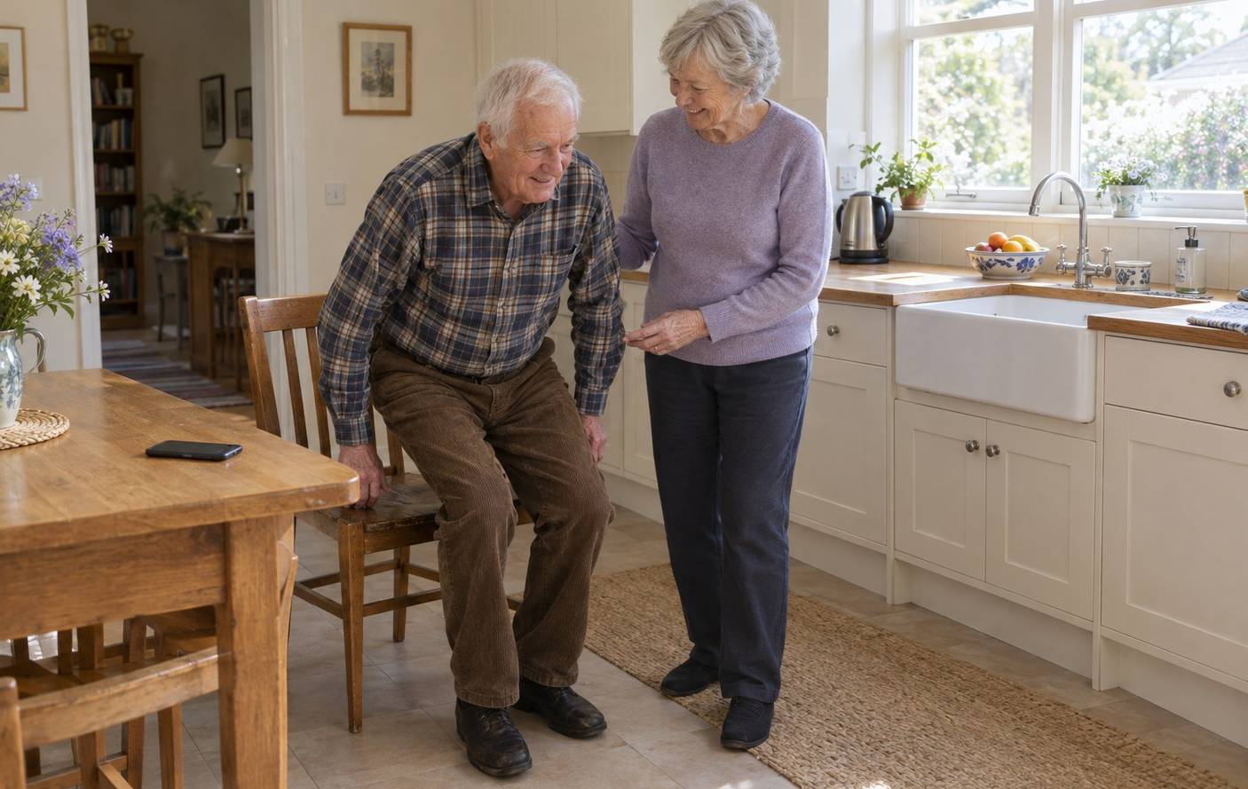 A man in his late 70s rising from a kitchen chair while his wife stands close beside him in a bright kitchen