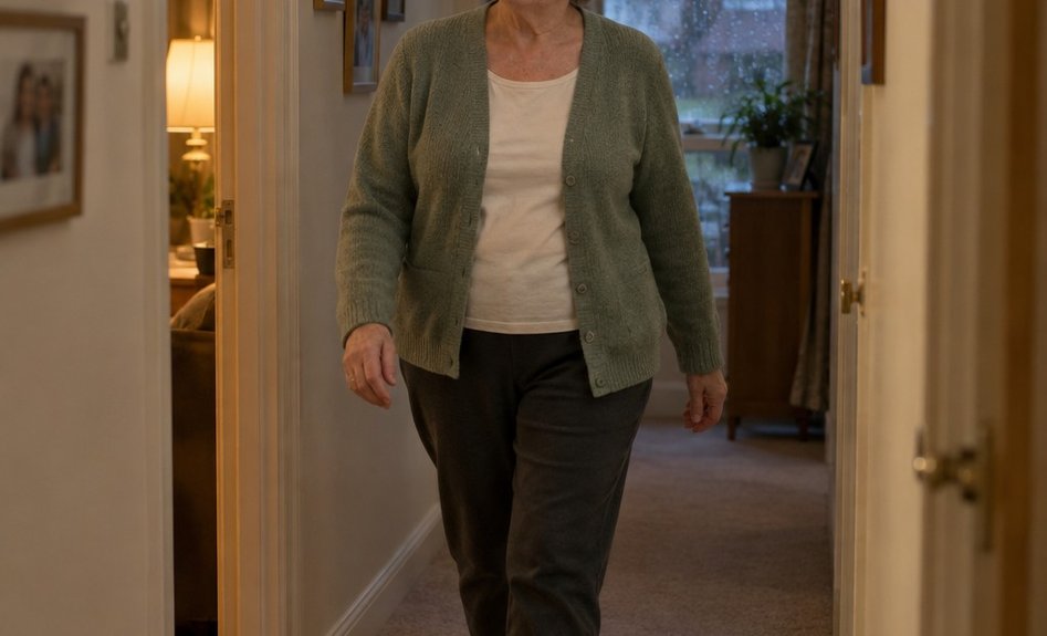 A woman in her 60s walking along the hallway of her home in socks and a cardigan on a rainy evening