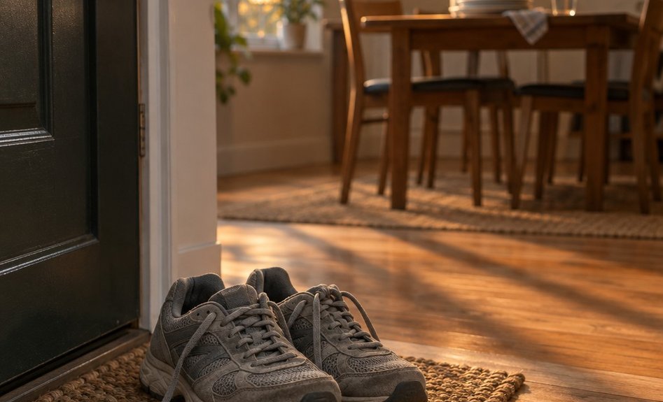 A pair of worn walking shoes waiting on the floor by a front door, with a cleared dinner table softly out of focus behind