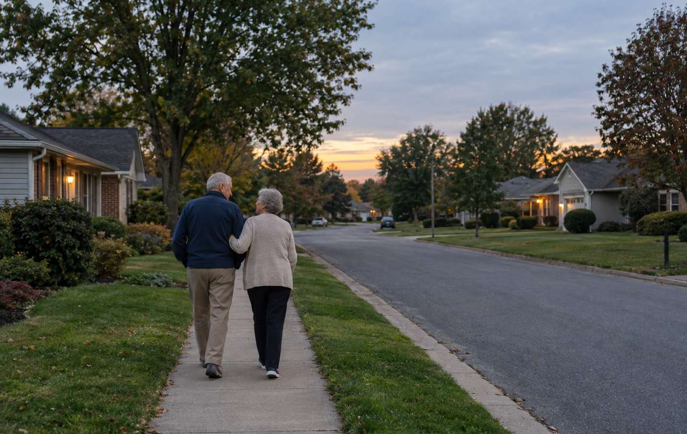 An older couple walking side by side on a quiet suburban sidewalk in the early evening, seen from behind