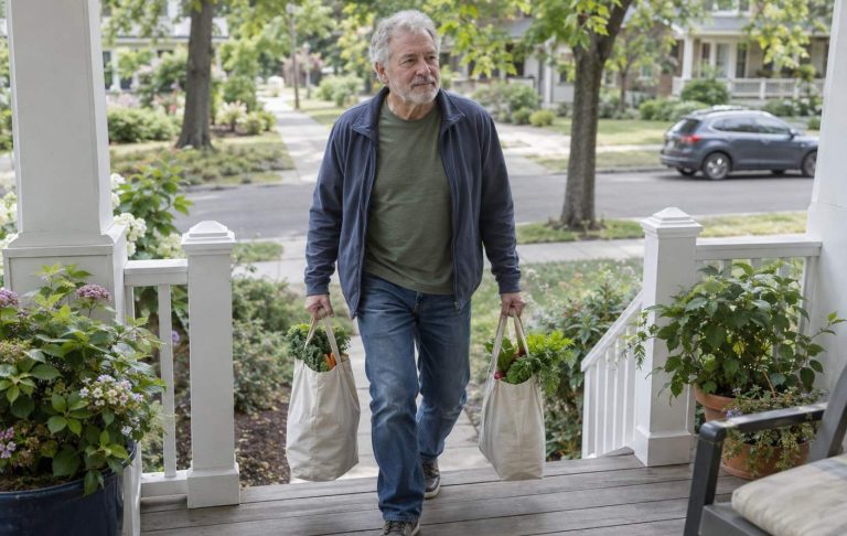 A man in his sixties carrying groceries up his front porch steps