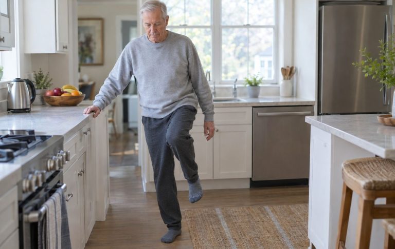 An older man practising a single-leg balance beside a kitchen counter