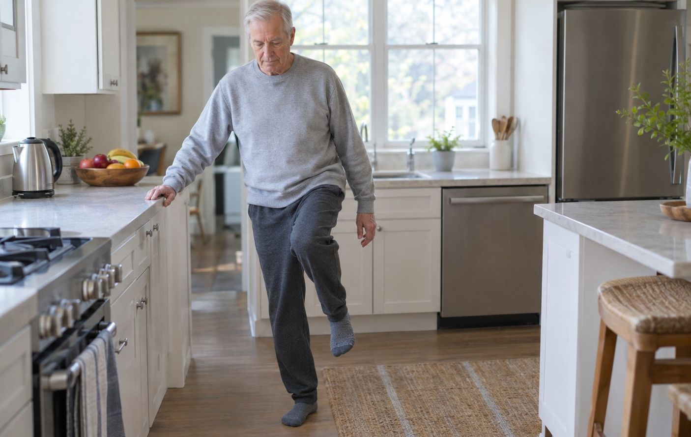 An older man practising a single-leg balance beside a kitchen counter