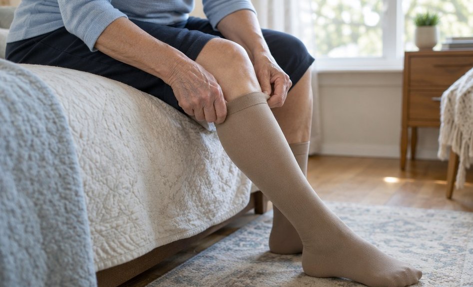 Hands easing a plain knee-high compression sock up over a calf while seated on the edge of a bed.