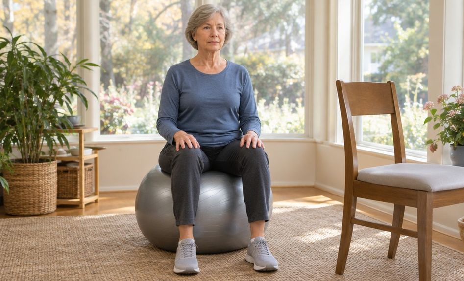 A woman in her 60s sitting upright on an exercise ball with her feet flat beside a sturdy chair.