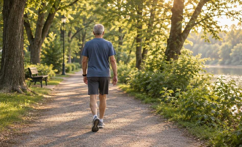 A man in his 60s walking along a tree-lined park path, seen from behind.