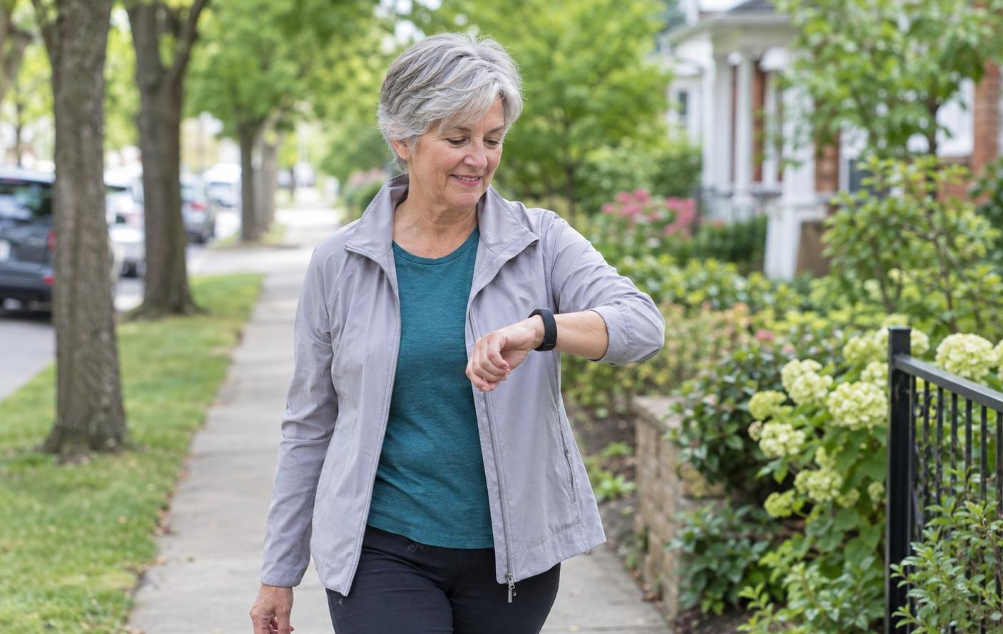 A woman in her sixties glancing at a plain fitness band on her wrist during a neighbourhood walk