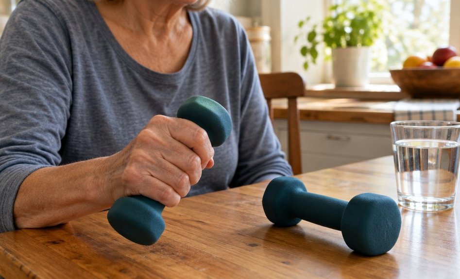 A hand gripping a light neoprene dumbbell on a kitchen table.