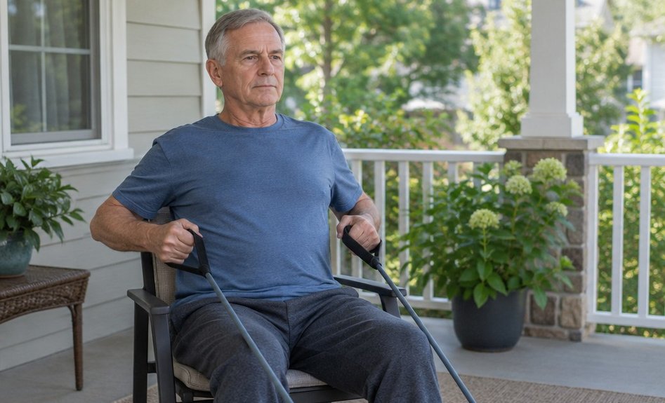 A man in his 60s seated on a chair pulling a tube resistance band with handles.