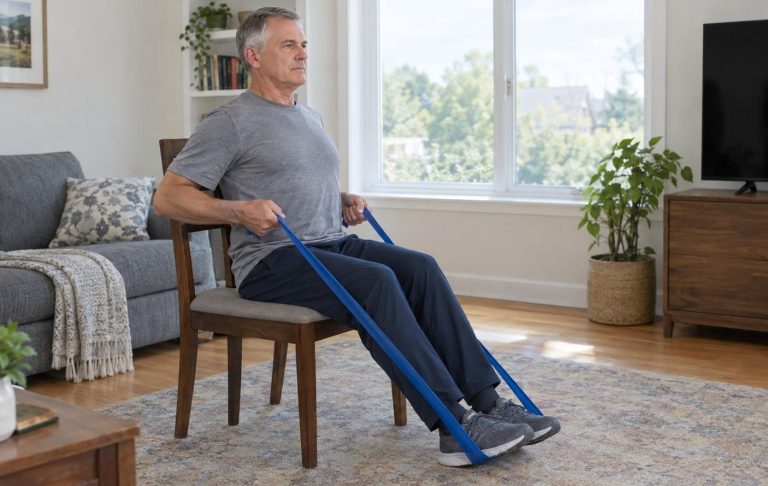 A man in his sixties doing a seated resistance band row in his living room