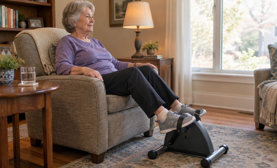 A woman in her 70s pedaling a small seated pedal exerciser from an armchair.