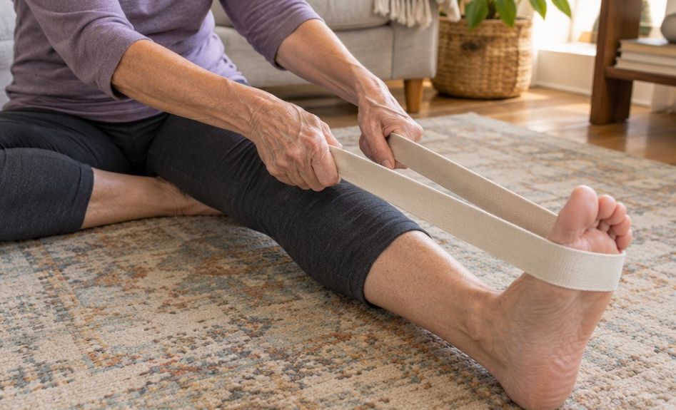 Hands holding a plain looped strap around a foot during a seated hamstring stretch.