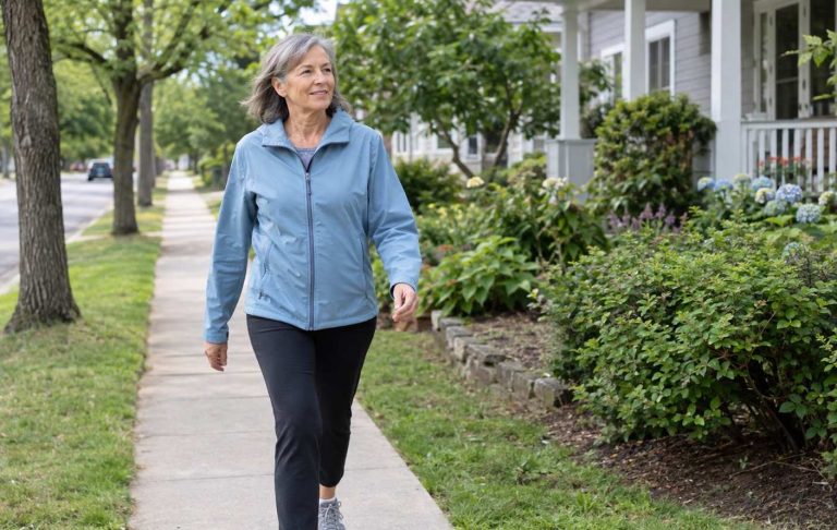 A woman in her sixties out for a bright morning walk on a neighbourhood street
