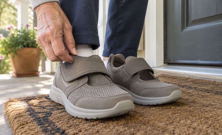 A pair of plain walking shoes with adjustable straps beside a front door.