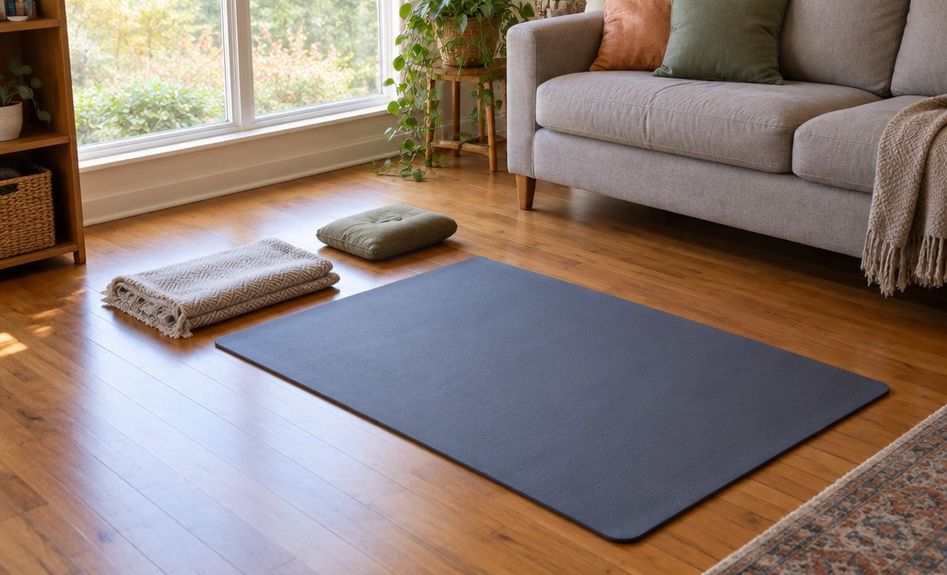 A thick exercise mat unrolled on a living room floor beside a folded blanket.