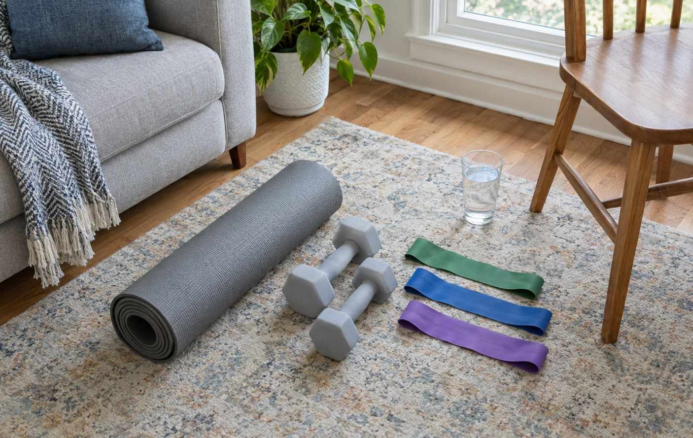 A small set of home exercise equipment laid out on a living-room rug