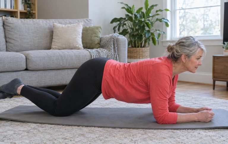 A woman in her sixties doing a modified plank on her knees on a living-room mat