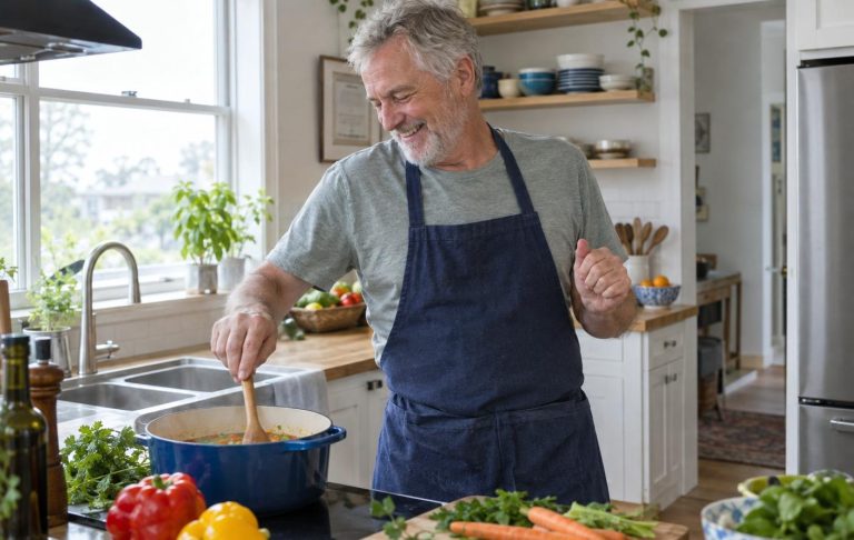 A man in his sixties dancing in his kitchen while cooking