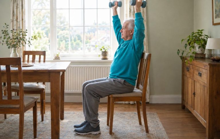 An older man seated on a dining chair lifting light dumbbells overhead