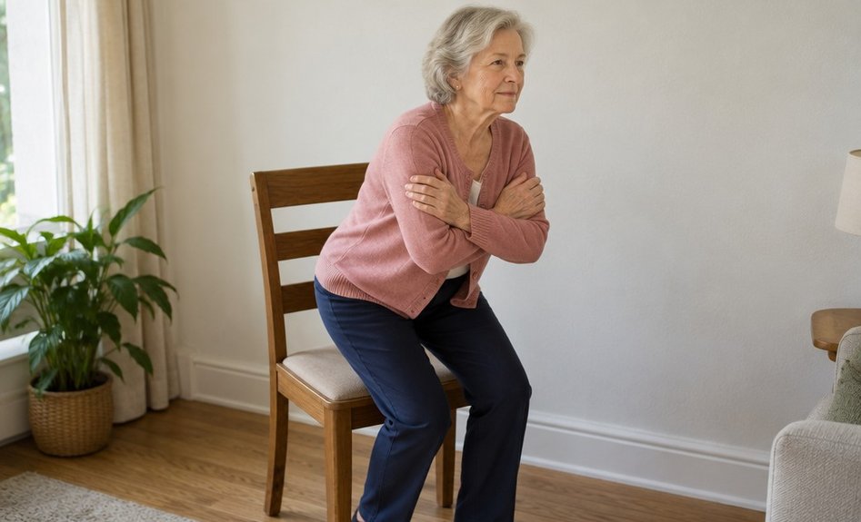 An older woman standing up from a dining chair with her arms crossed