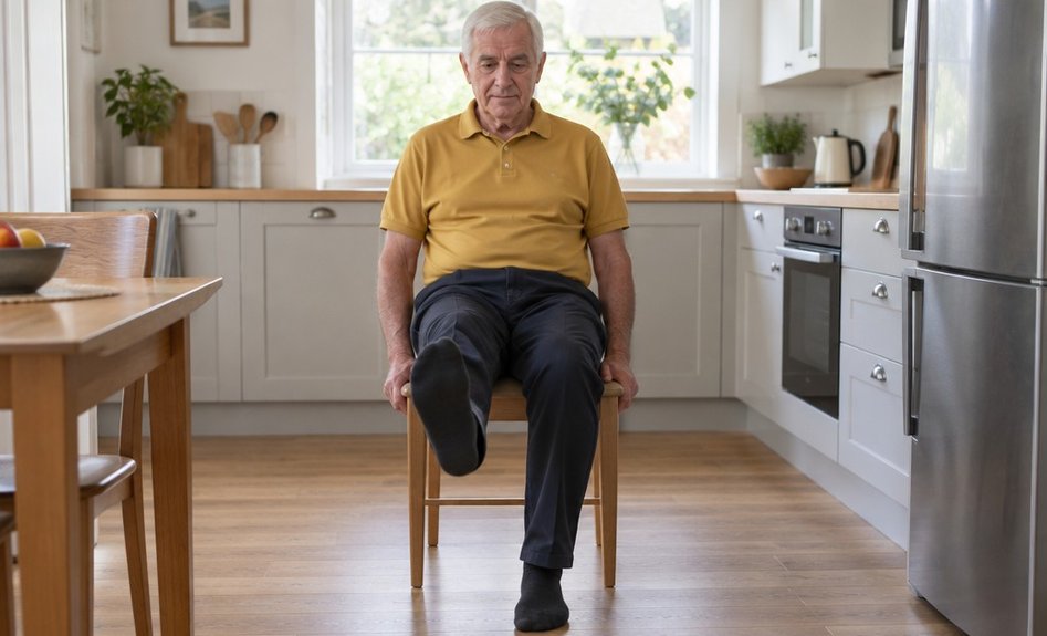 An older man seated on a chair straightening one leg out in front of him