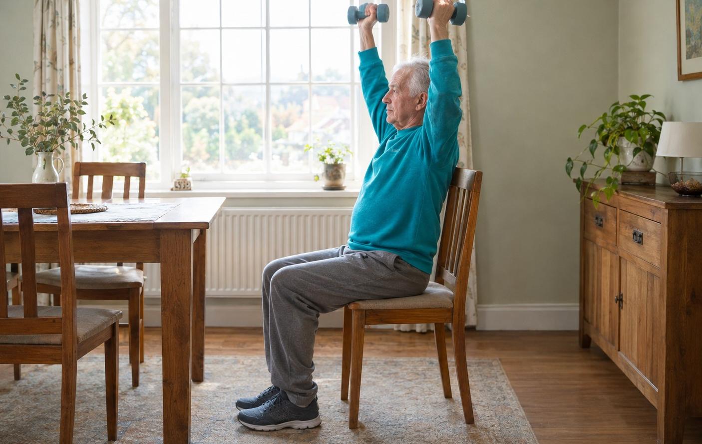 An older man seated on a dining chair lifting light dumbbells overhead