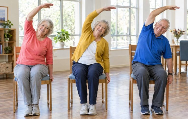 Three older adults on wooden chairs doing a seated side bend in a bright activity room